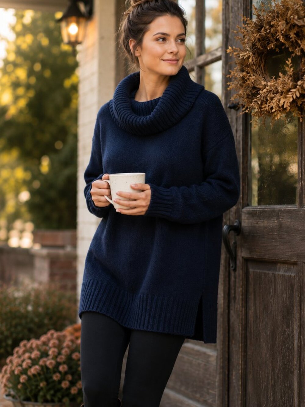 Karen Scott Cozy Cowl Neck Sweater | Navy Oversized Tunic M